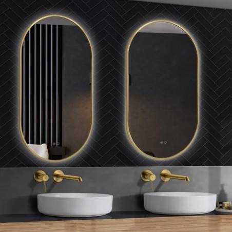 ESPELHO TOKYO 50X90cm - ARO ORO + RETROILUMINADO + DESEMBACIADOR + BOTAO SENSOR